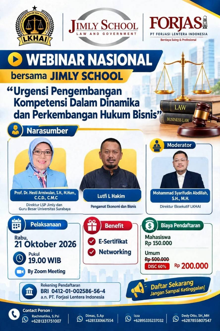 LKHAI, Jimly School, dan FORJASI Gelar Webinar Nasional Bahas Kompetensi Hukum Bisnis
